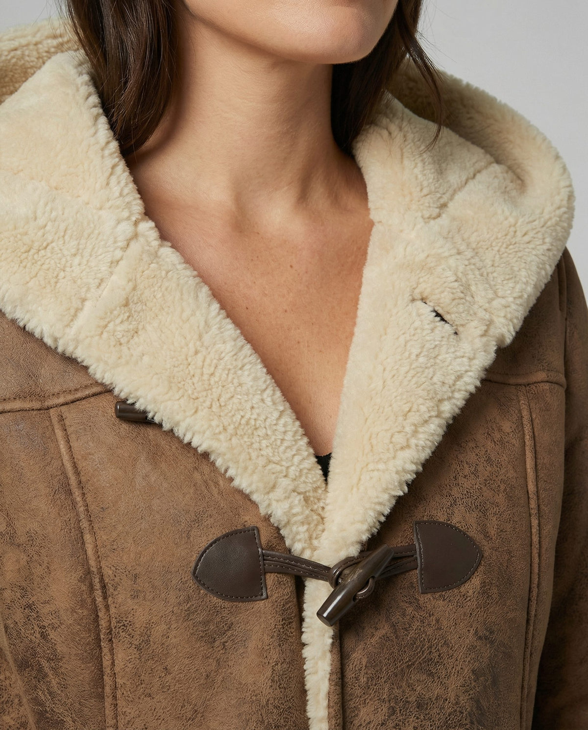 Suede Duffle Coat with Sherpa Collar for Women - View 5