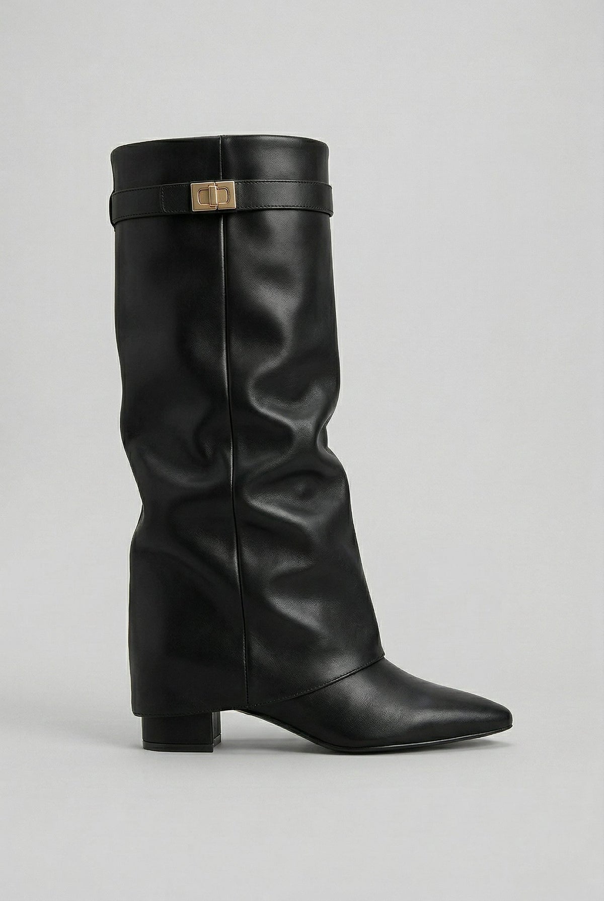 Suede Knee High Boots with Block Heel for Women - Black (Leather Look)