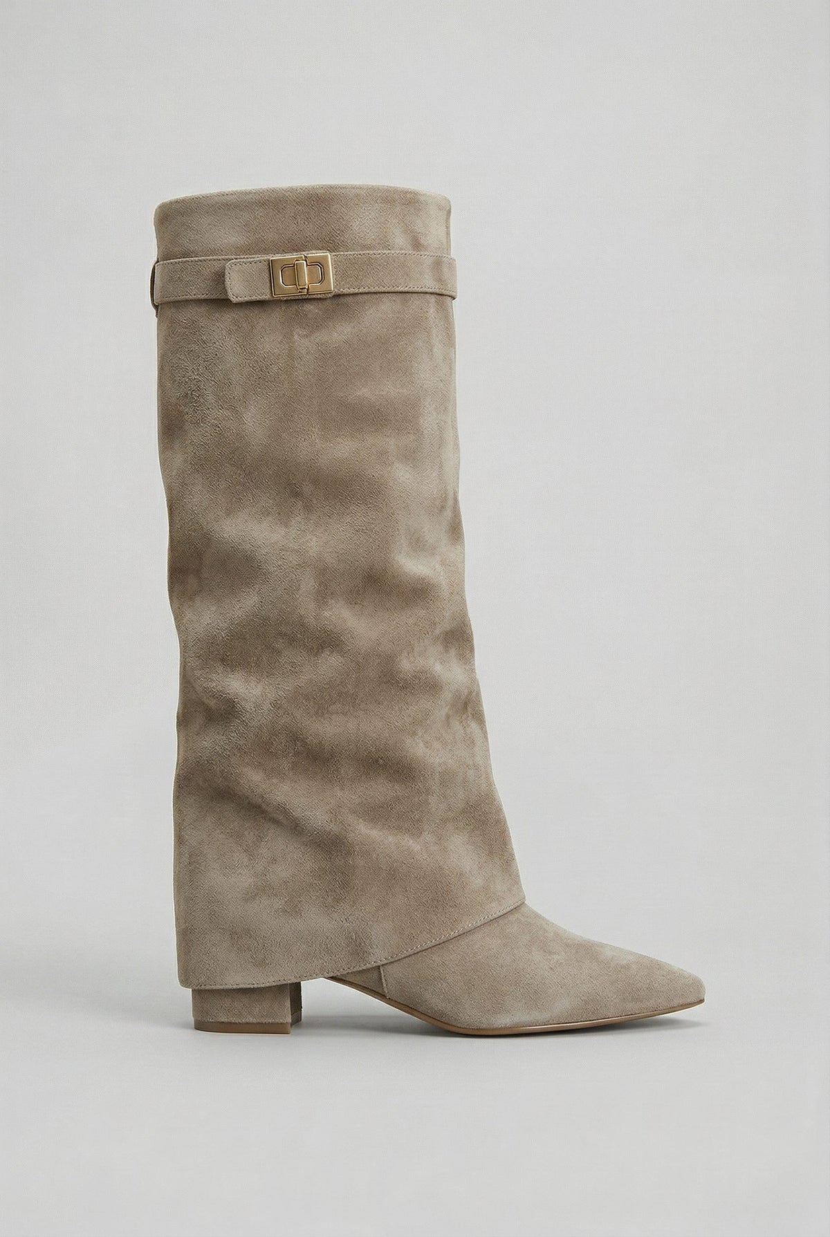 Suede Knee High Boots with Block Heel for Women - Taupe (Suede Look)