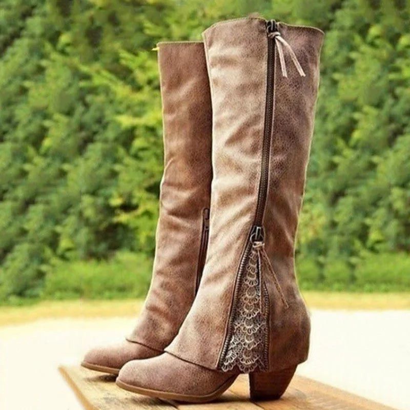 Suede Lace-Up Knee High Boots with Chunky Heel for Women