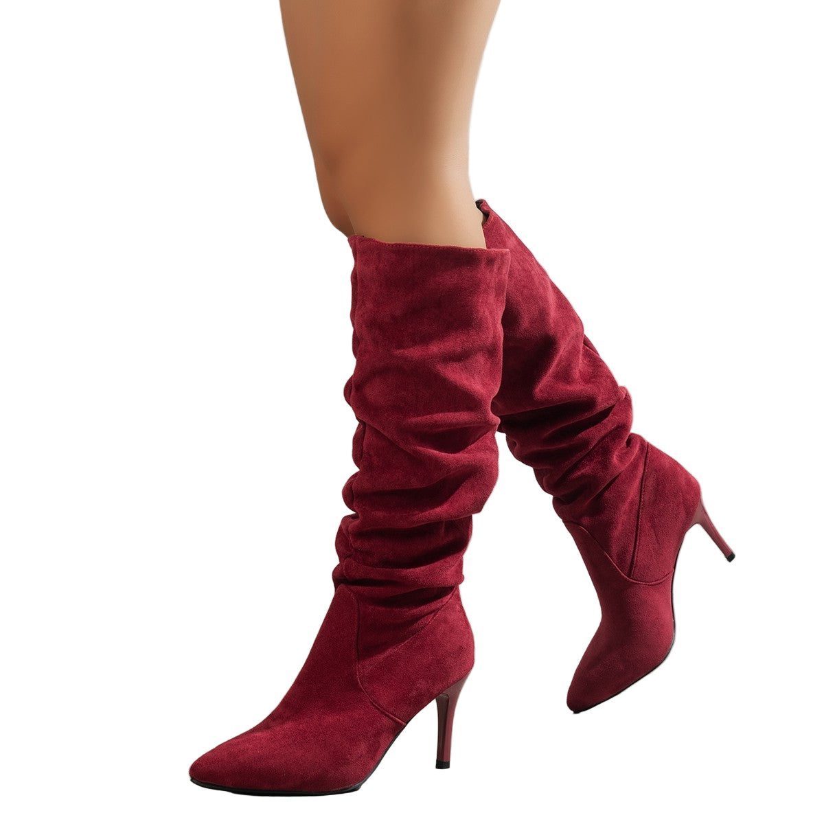 Suede Slouchy Knee-High Boots with Pointed Toe for Women - Red