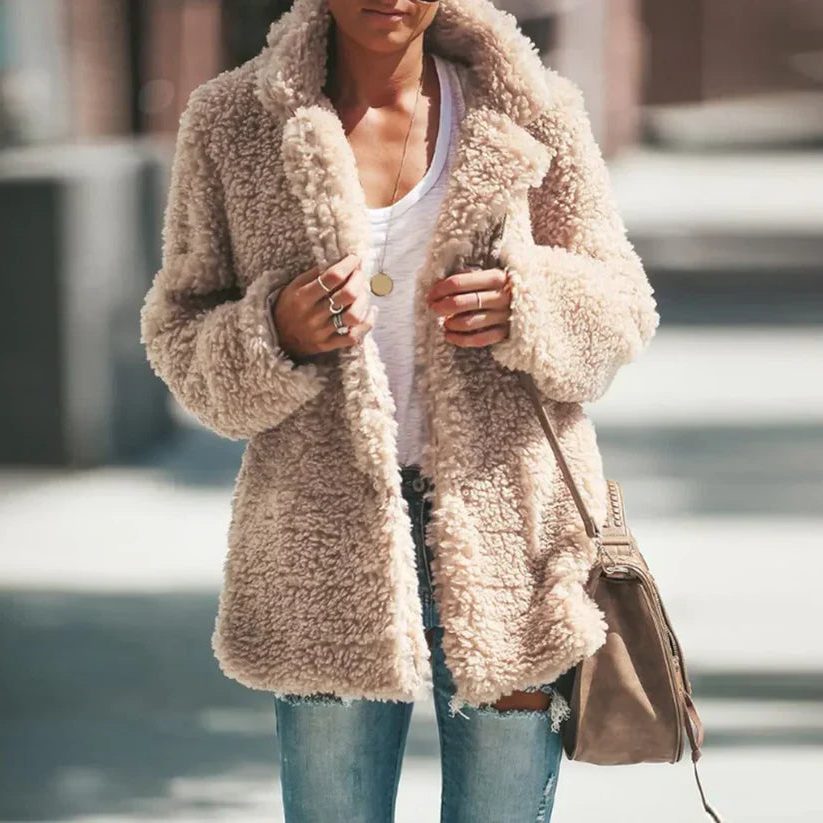 Teddy Fleece Longline Coat for Women - Beige