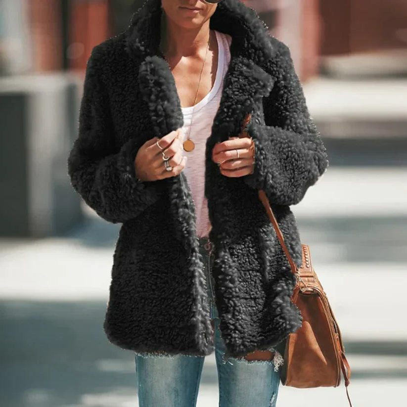 Teddy Fleece Longline Coat for Women - Black