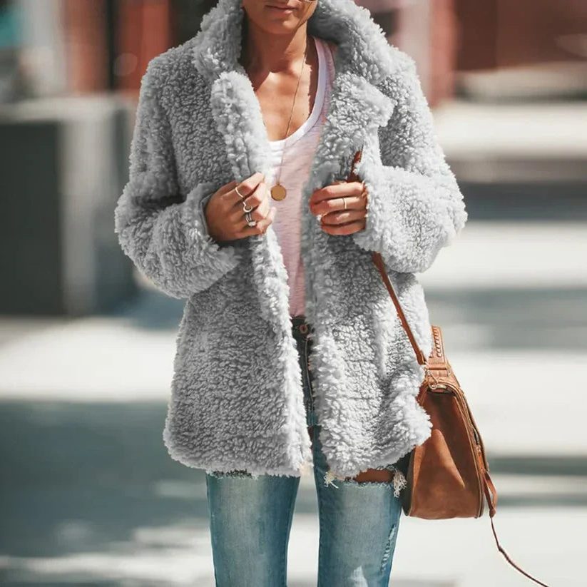Teddy Fleece Longline Coat for Women - Grey