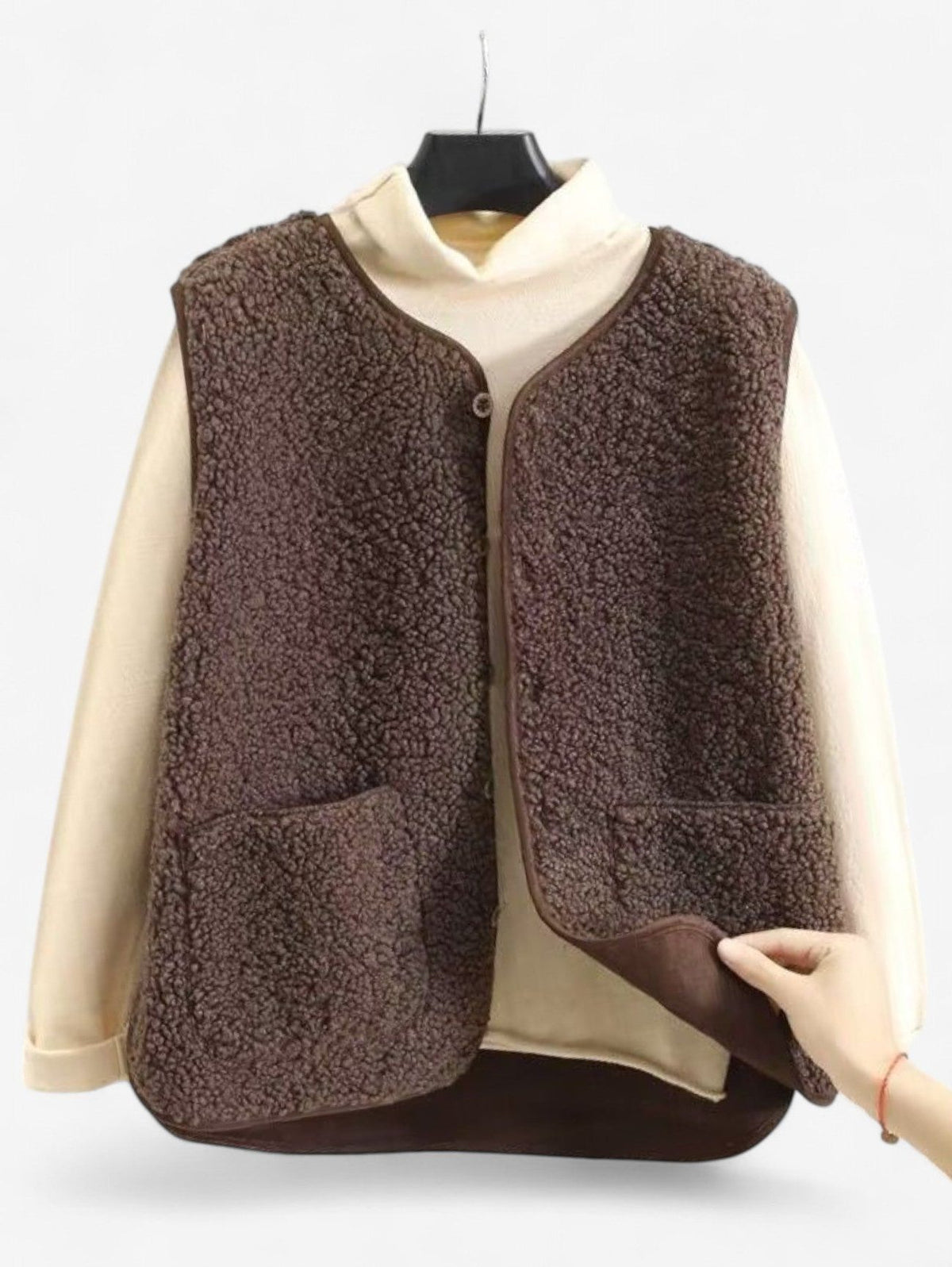 Teddy Fleece Vest with Snap Front Closure for Women - Dark Brown