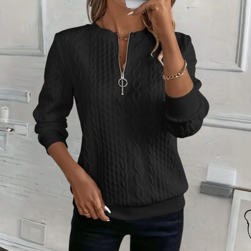 Textured Knit Half-Zip Pullover Sweater for Women - Black