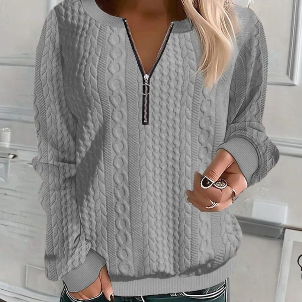 Textured Knit Half-Zip Pullover Sweater for Women - Grey