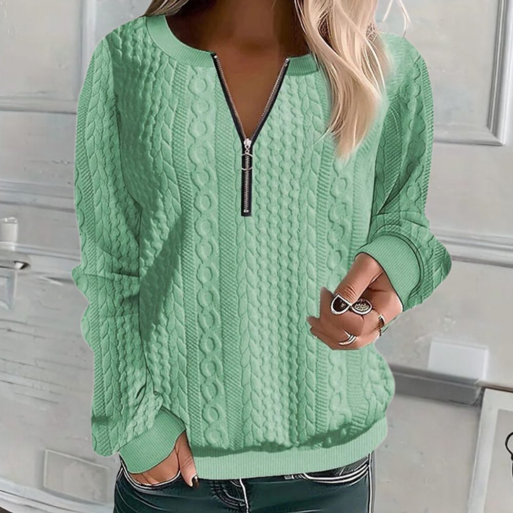 Textured Knit Half-Zip Pullover Sweater for Women - Green