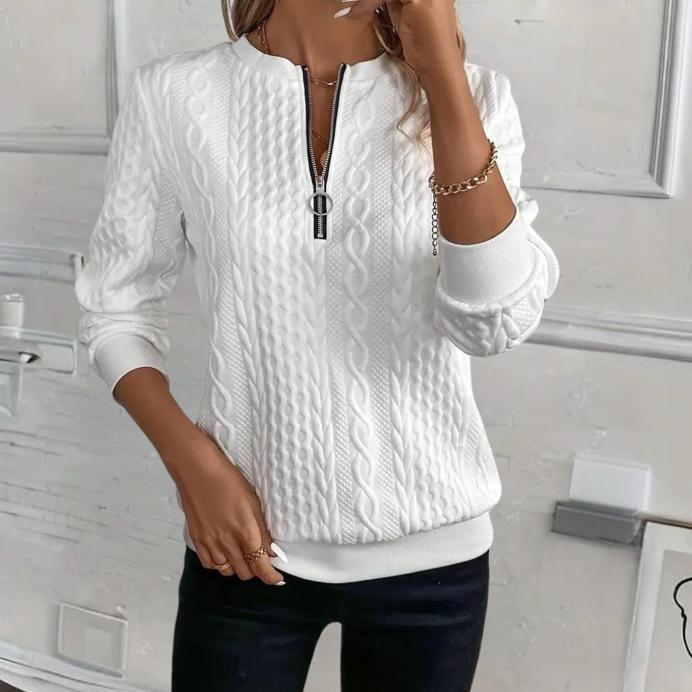 Textured Knit Half-Zip Pullover Sweater for Women - White