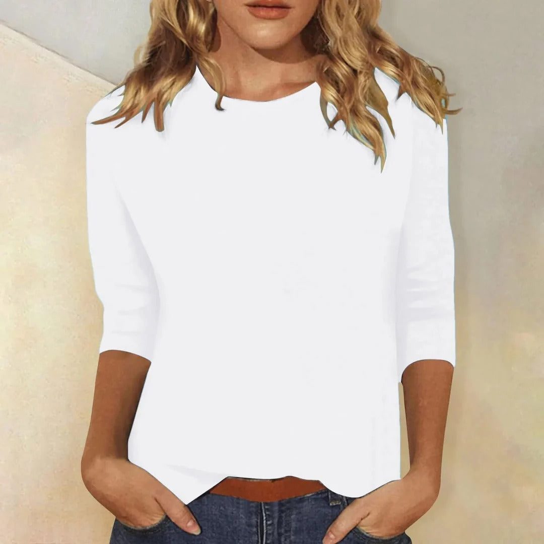 Three-Quarter Sleeve Crew Neck Top for Women - White