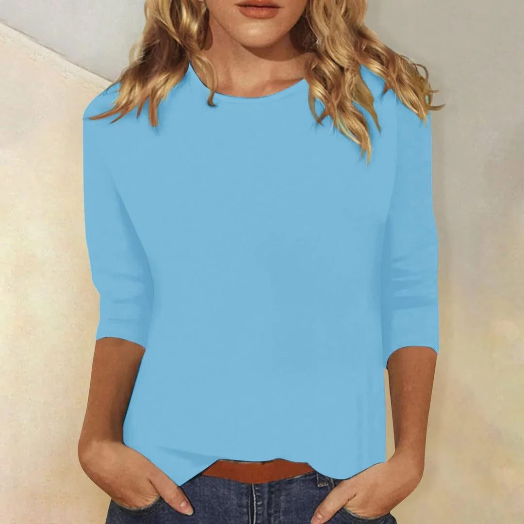 Three-Quarter Sleeve Crew Neck Top for Women - Light Blue