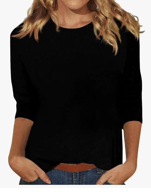 Three-Quarter Sleeve Crew Neck Top for Women - Black
