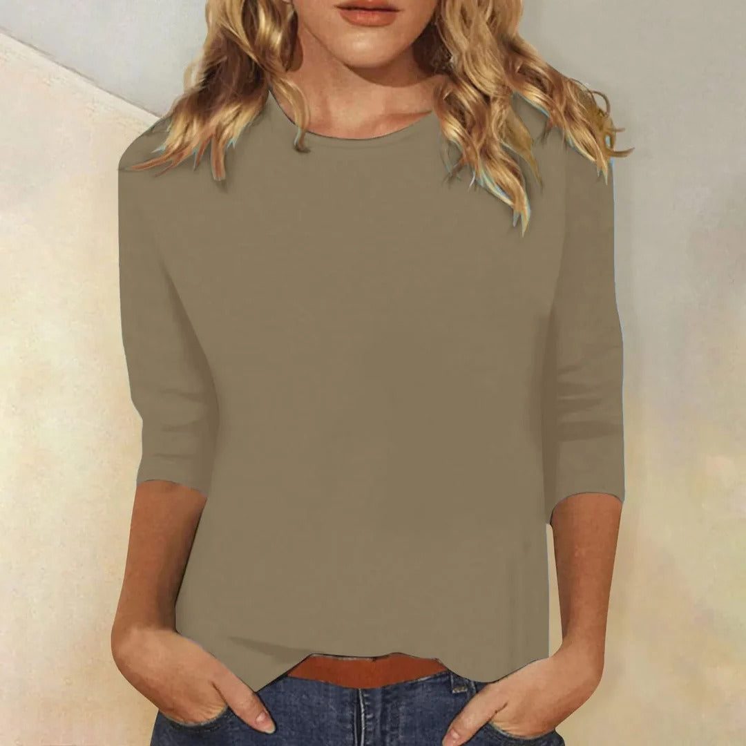 Three-Quarter Sleeve Crew Neck Top for Women - Khaki