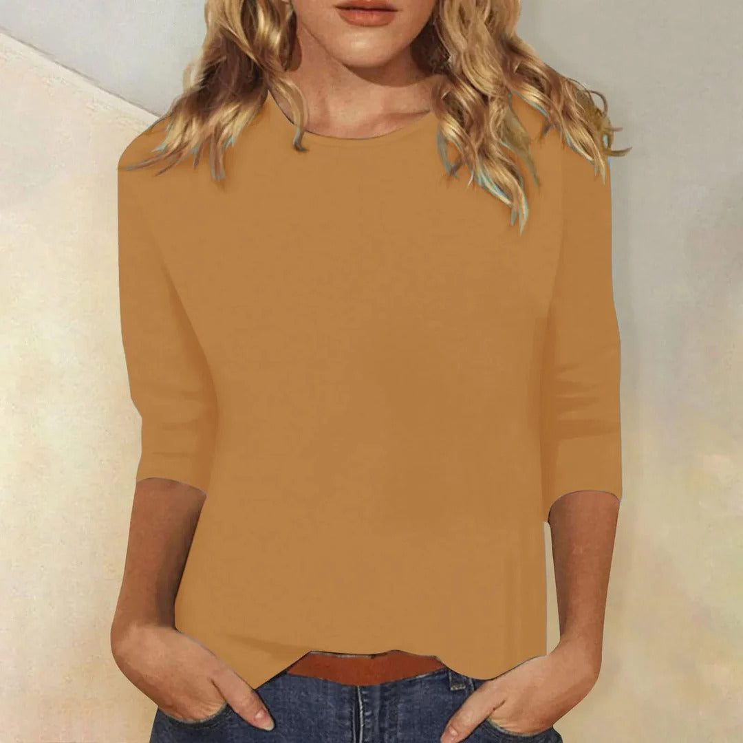 Three-Quarter Sleeve Crew Neck Top for Women - Brown