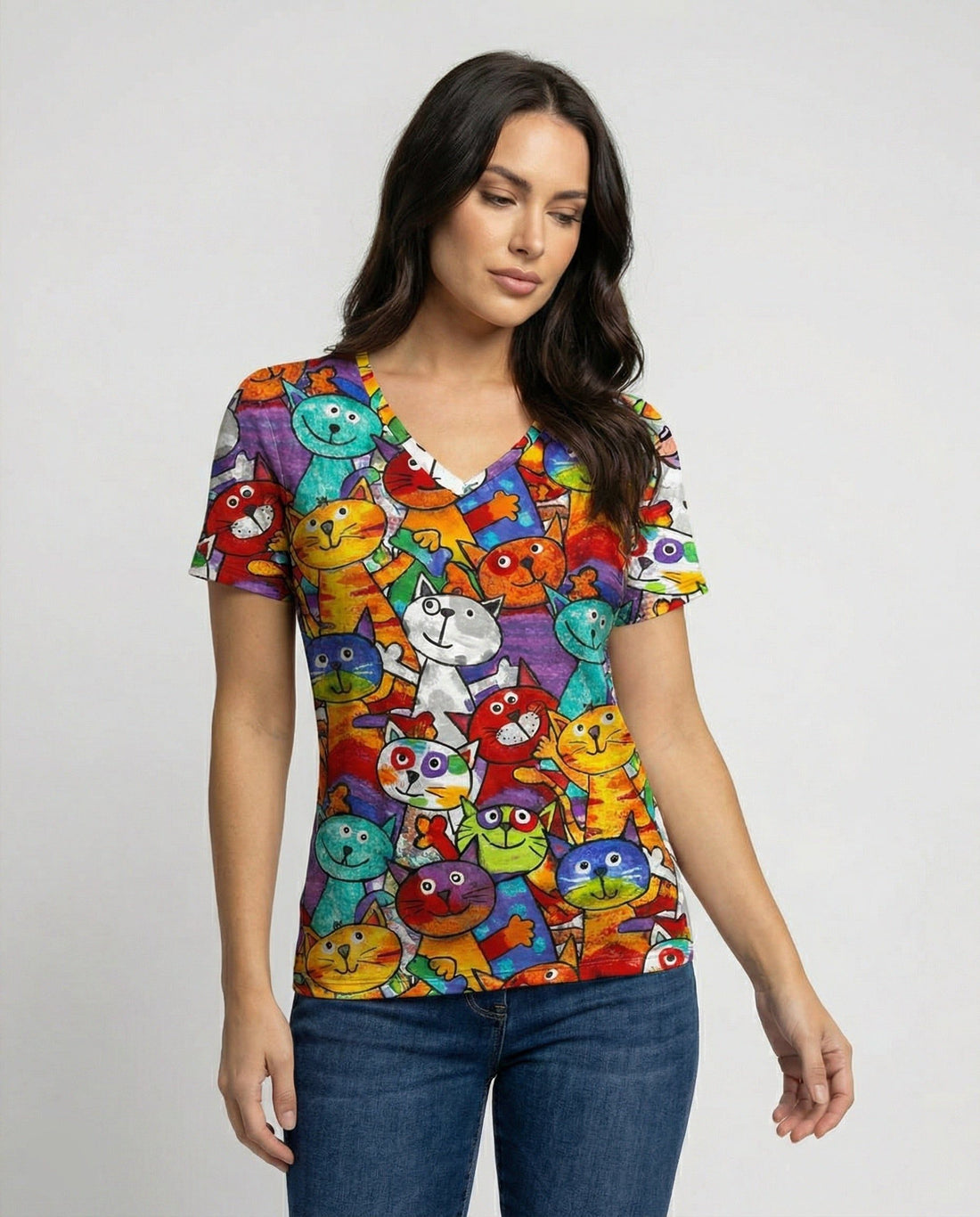 V-Neck Cat Print Short Sleeve T-Shirt for Women