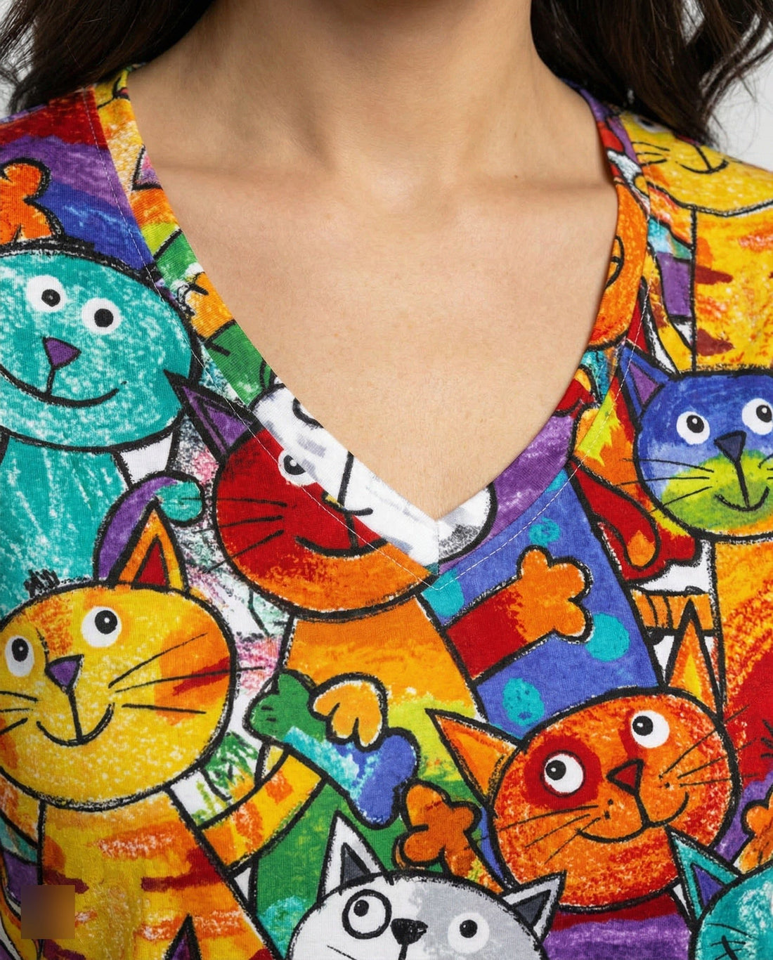 V-Neck Cat Print Short Sleeve T-Shirt for Women