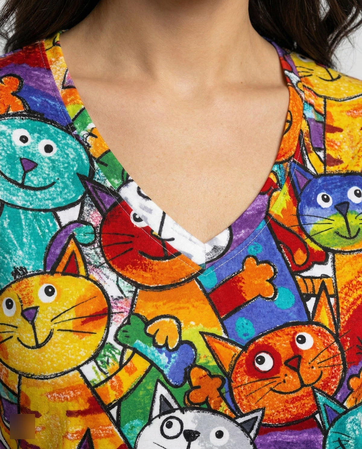 V-Neck Cat Print Short Sleeve T-Shirt for Women - View 2