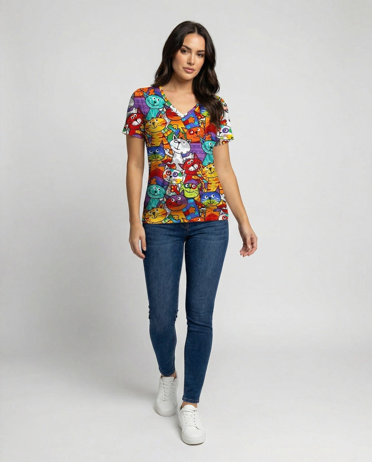 V-Neck Cat Print Short Sleeve T-Shirt for Women - View 3