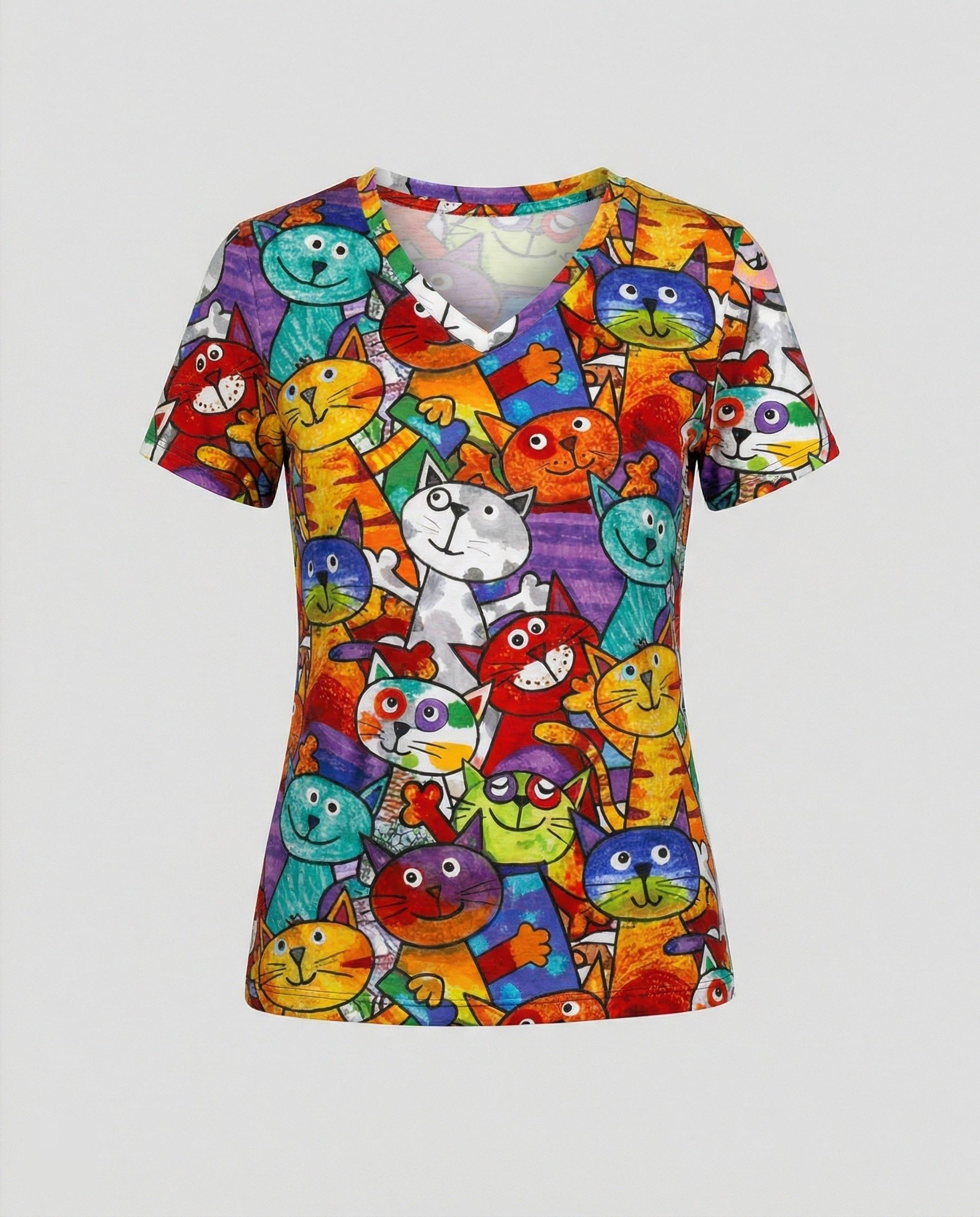 V-Neck Cat Print Short Sleeve T-Shirt for Women - View 4
