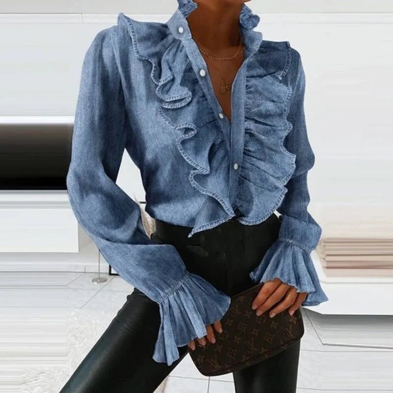 Denim Blouse with V-Neck and Ruffled Long Sleeves for Women