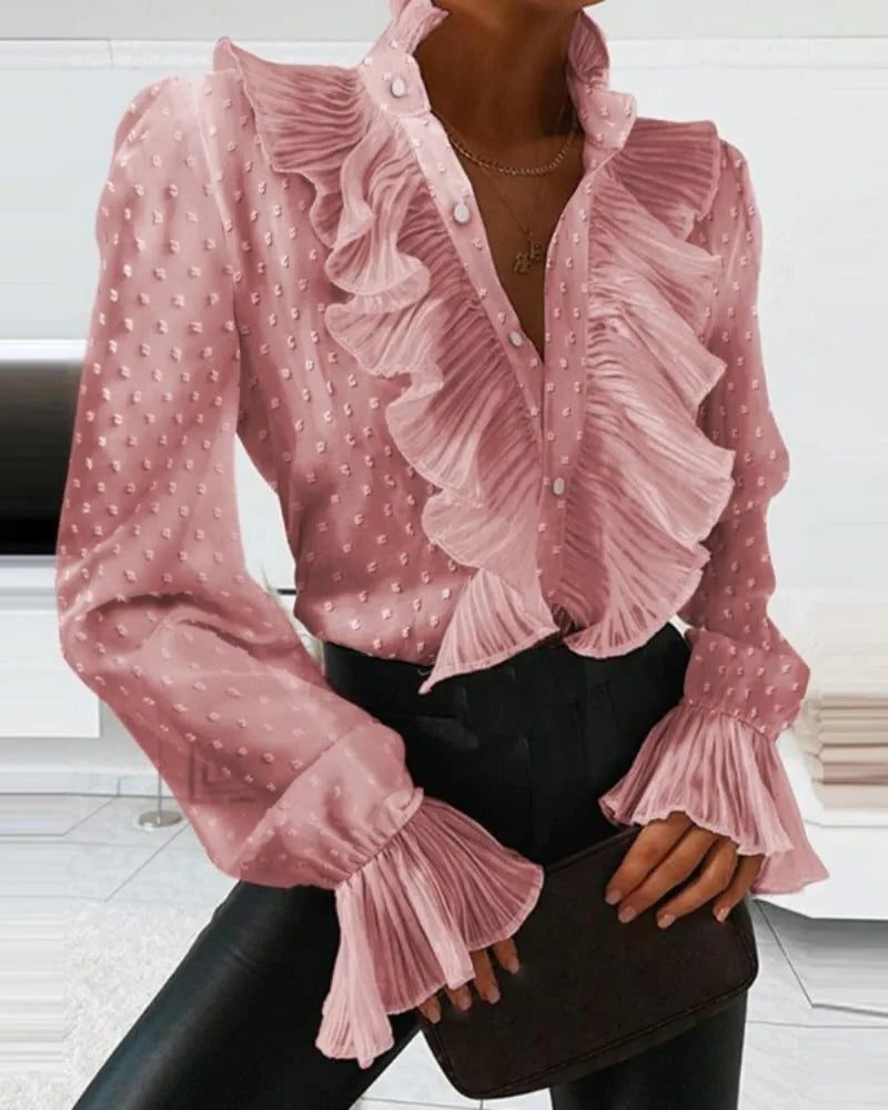Denim Blouse with V-Neck and Ruffled Long Sleeves for Women