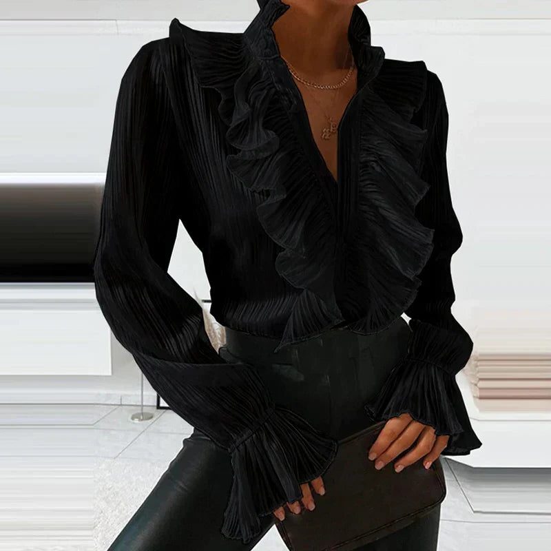 Denim Blouse with V-Neck and Ruffled Long Sleeves for Women