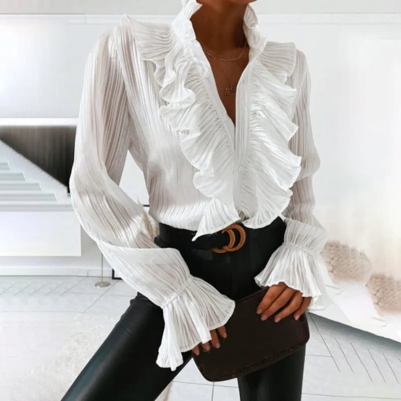 Denim Blouse with V-Neck and Ruffled Long Sleeves for Women