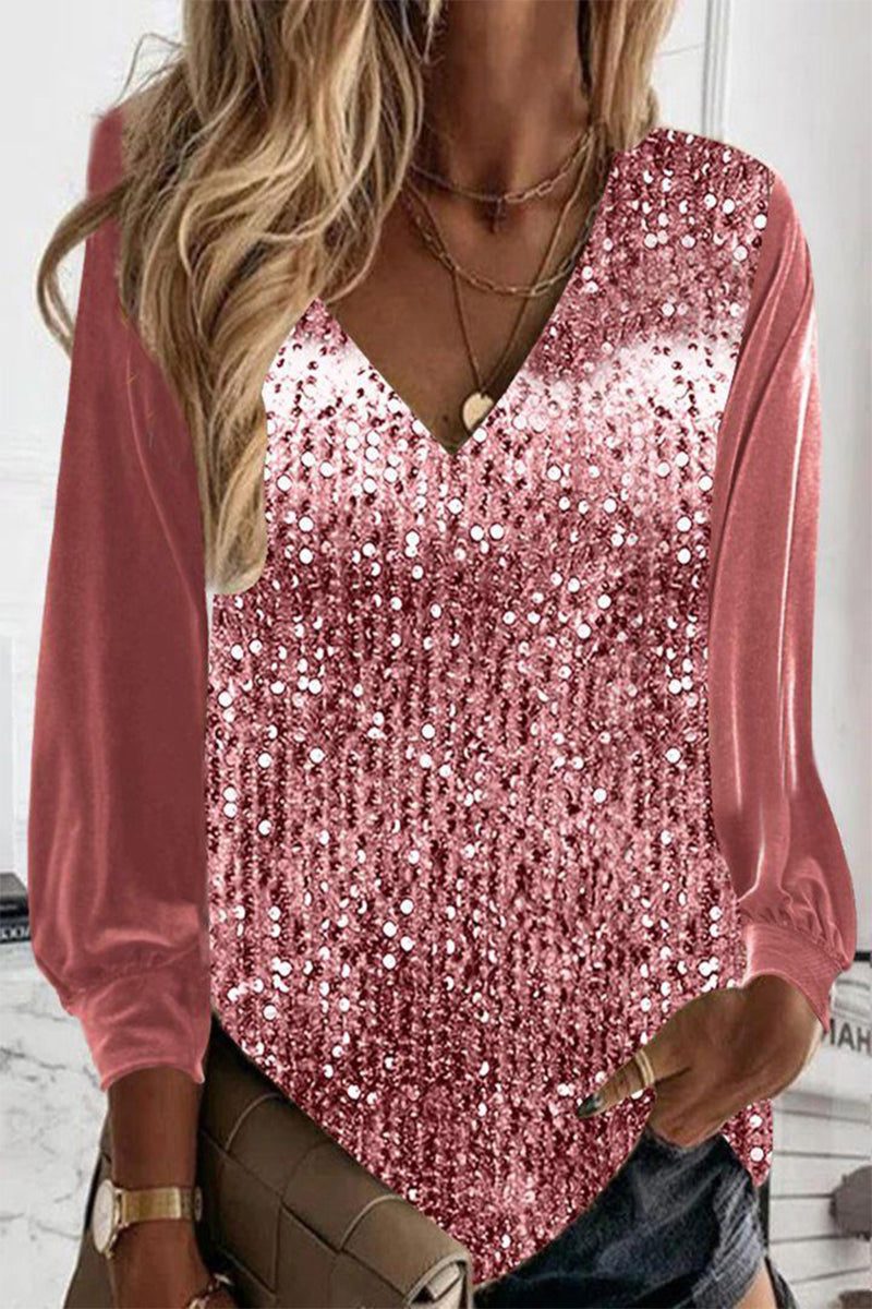V-Neck Sequin Blouse with Long Sleeves for Women