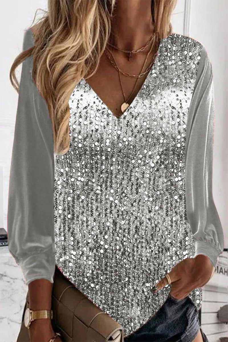 V-Neck Sequin Blouse with Long Sleeves for Women