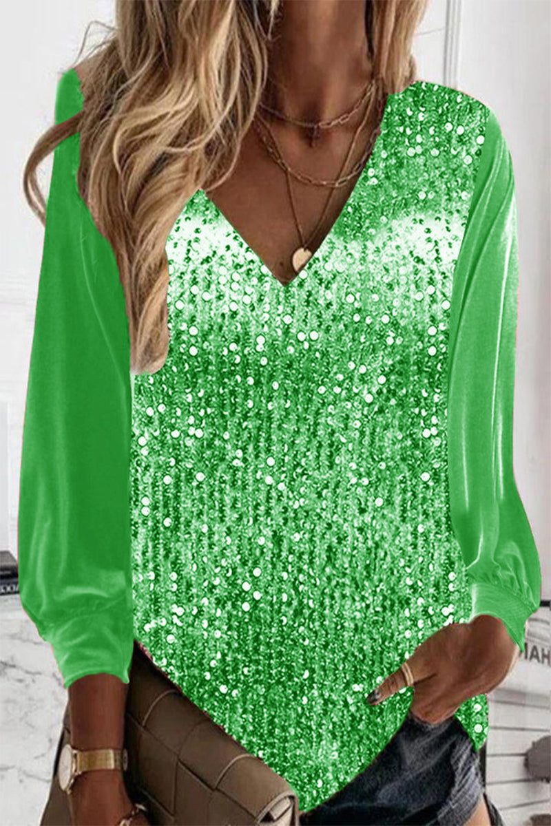 V-Neck Sequin Blouse with Long Sleeves for Women - Fluorescent Green