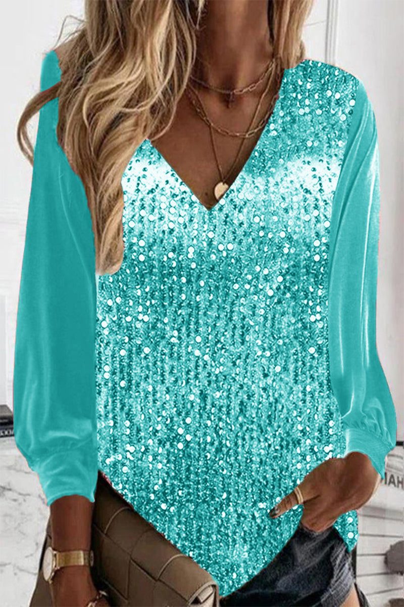 V-Neck Sequin Blouse with Long Sleeves for Women - Turquoise