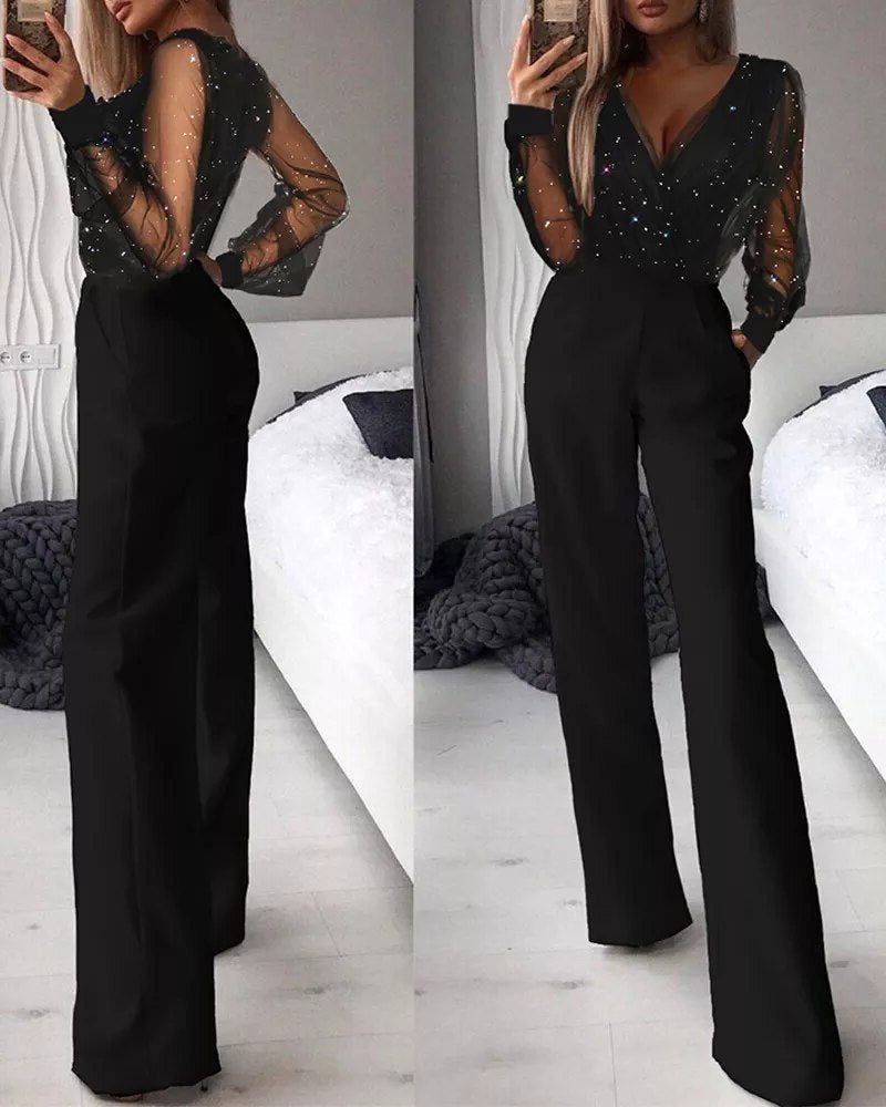 V-Neck Wrap Jumpsuit with Long Sheer Sleeves for Women - Black