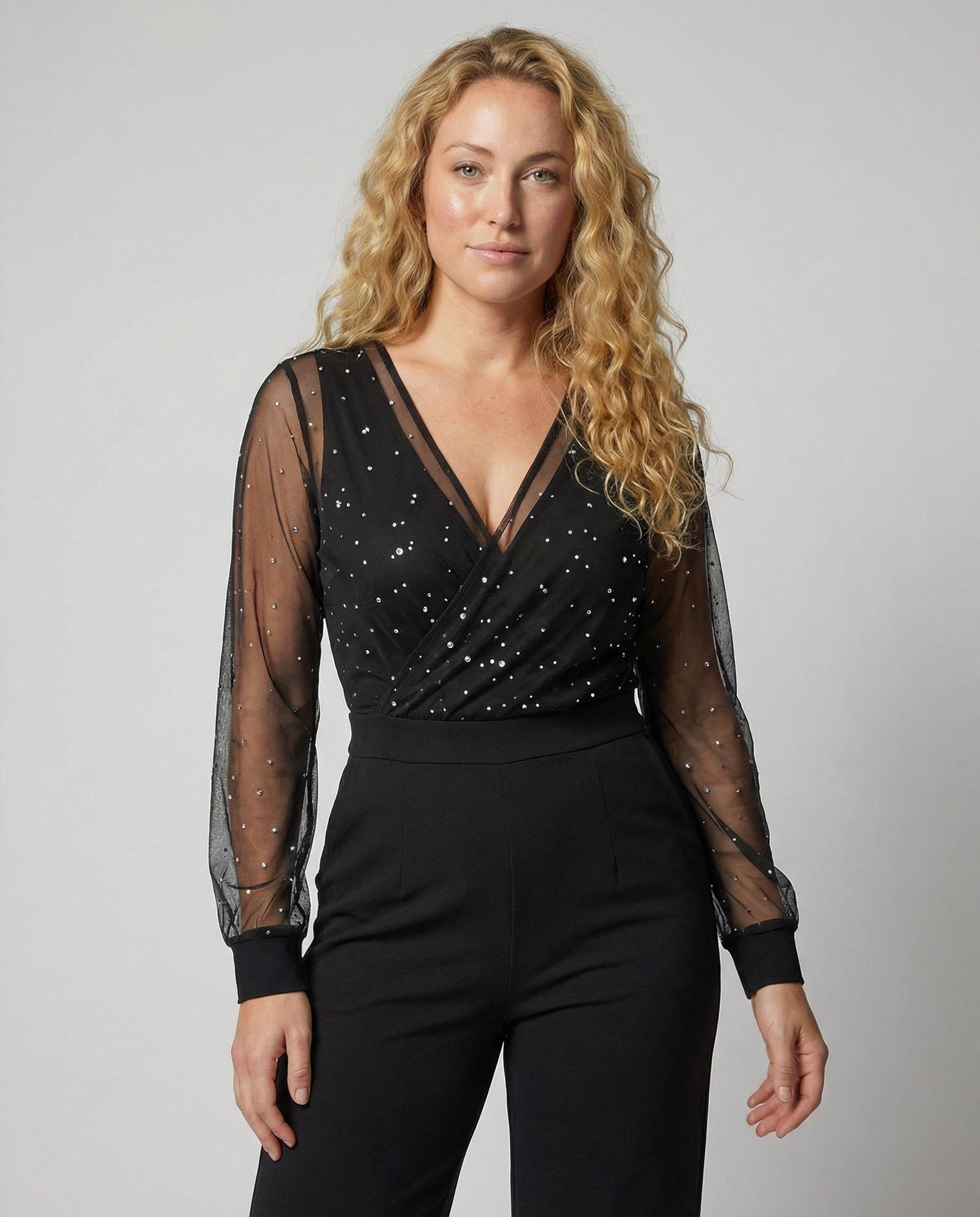 V-Neck Wrap Jumpsuit with Long Sheer Sleeves for Women - View 2