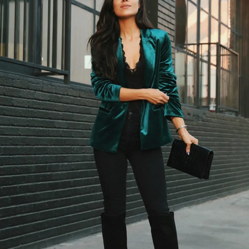 Velvet Blazer with Notch Lapel for Women - Dark Green