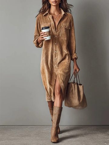 Velvet Button-Down Midi Shirt Dress for Women