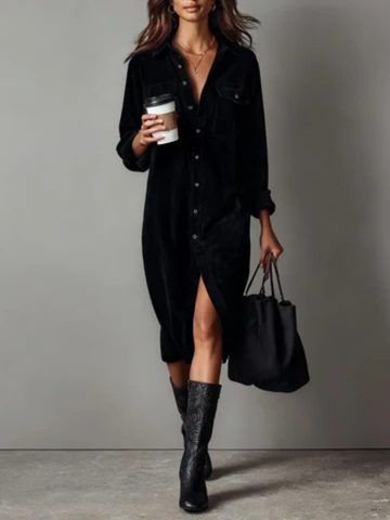 Velvet Button-Down Midi Shirt Dress for Women - Black