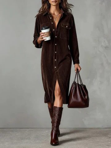 Velvet Button-Down Midi Shirt Dress for Women - Dark Brown