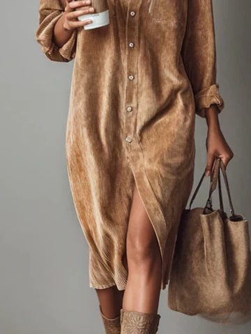 Velvet Button-Down Midi Shirt Dress for Women - View 3