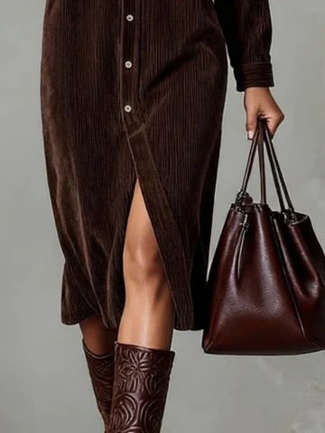 Velvet Button-Down Midi Shirt Dress for Women - View 9