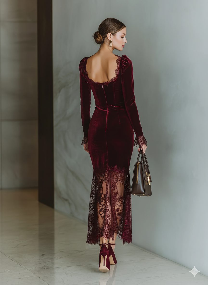 Velvet Lace Trim Midi Dress with Long Sleeves for Women - View 10