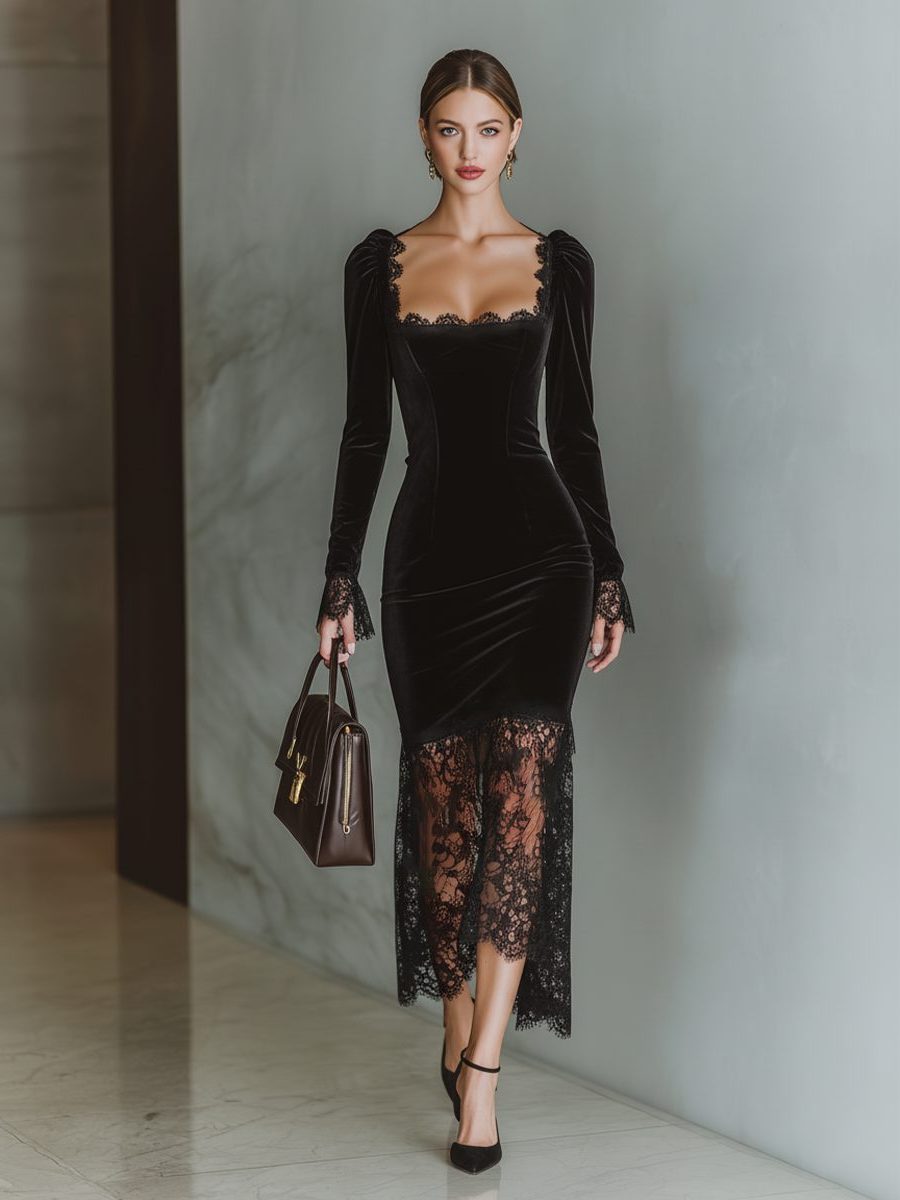 Velvet Lace Trim Midi Dress with Long Sleeves for Women - Black
