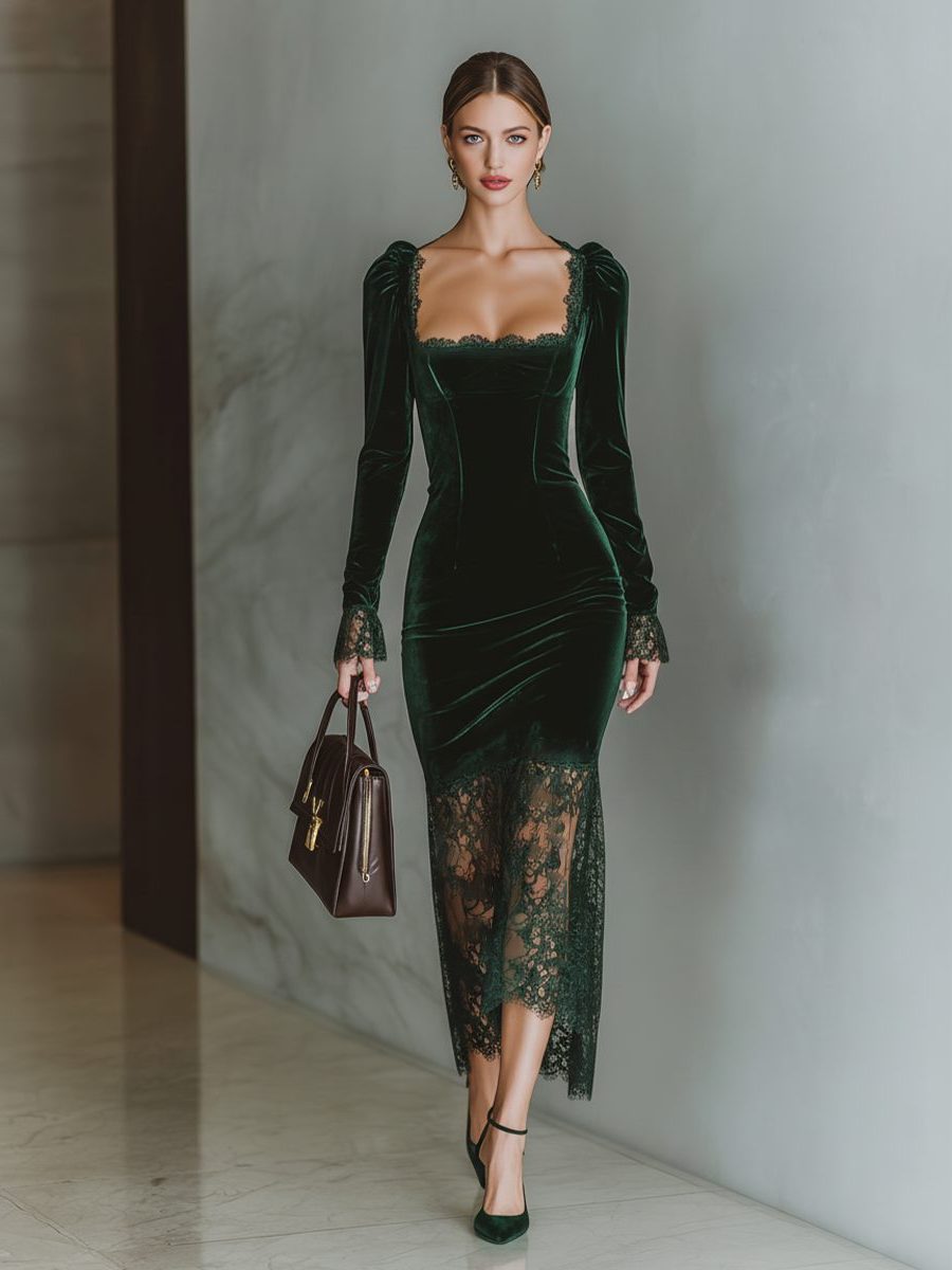 Velvet Lace Trim Midi Dress with Long Sleeves for Women - Dark green