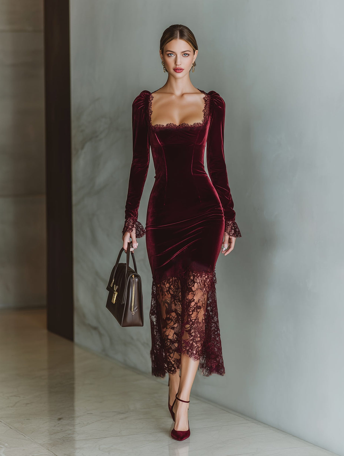 Velvet Lace Trim Midi Dress with Long Sleeves for Women - View 2