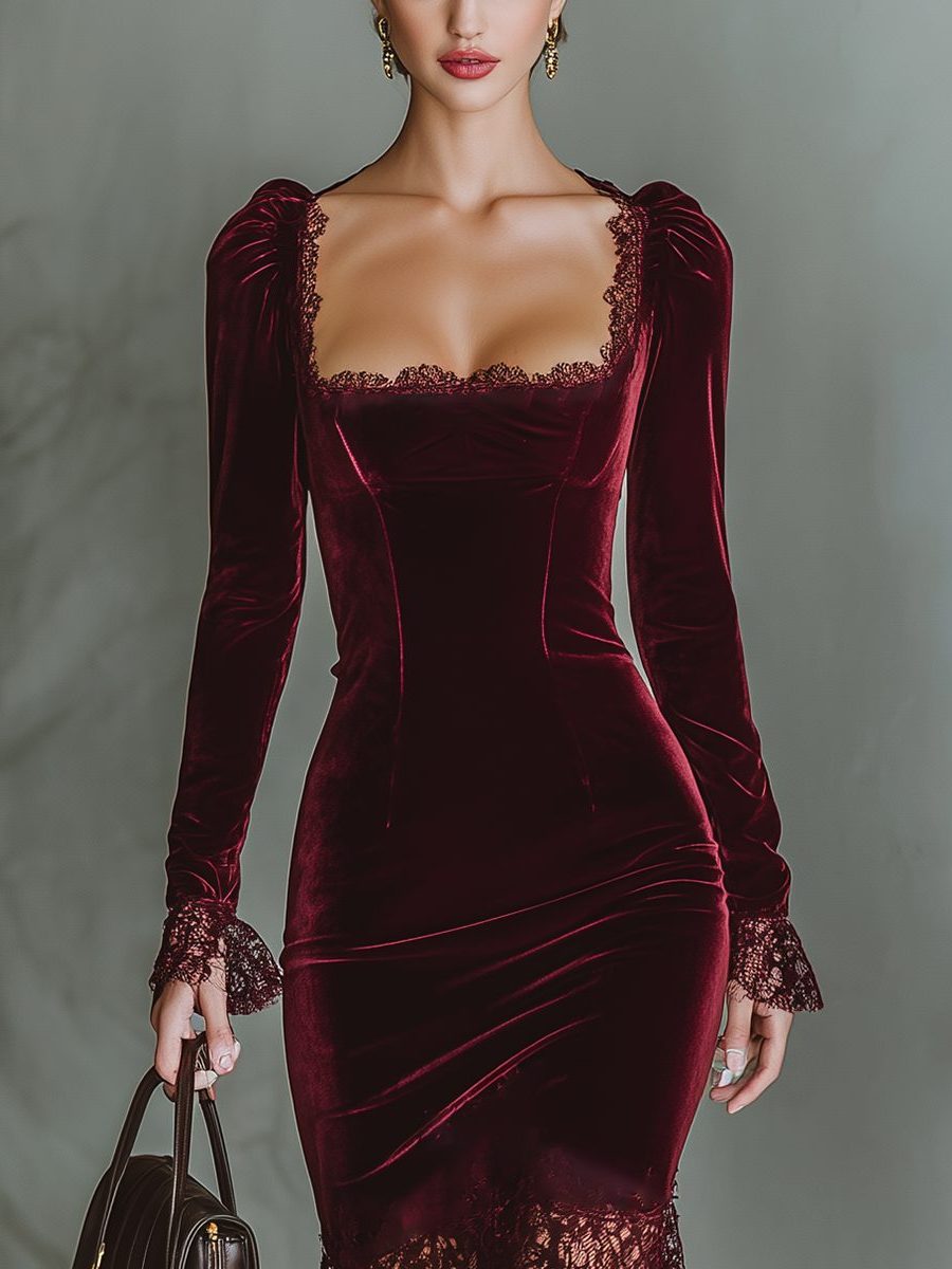Velvet Lace Trim Midi Dress with Long Sleeves for Women - View 7