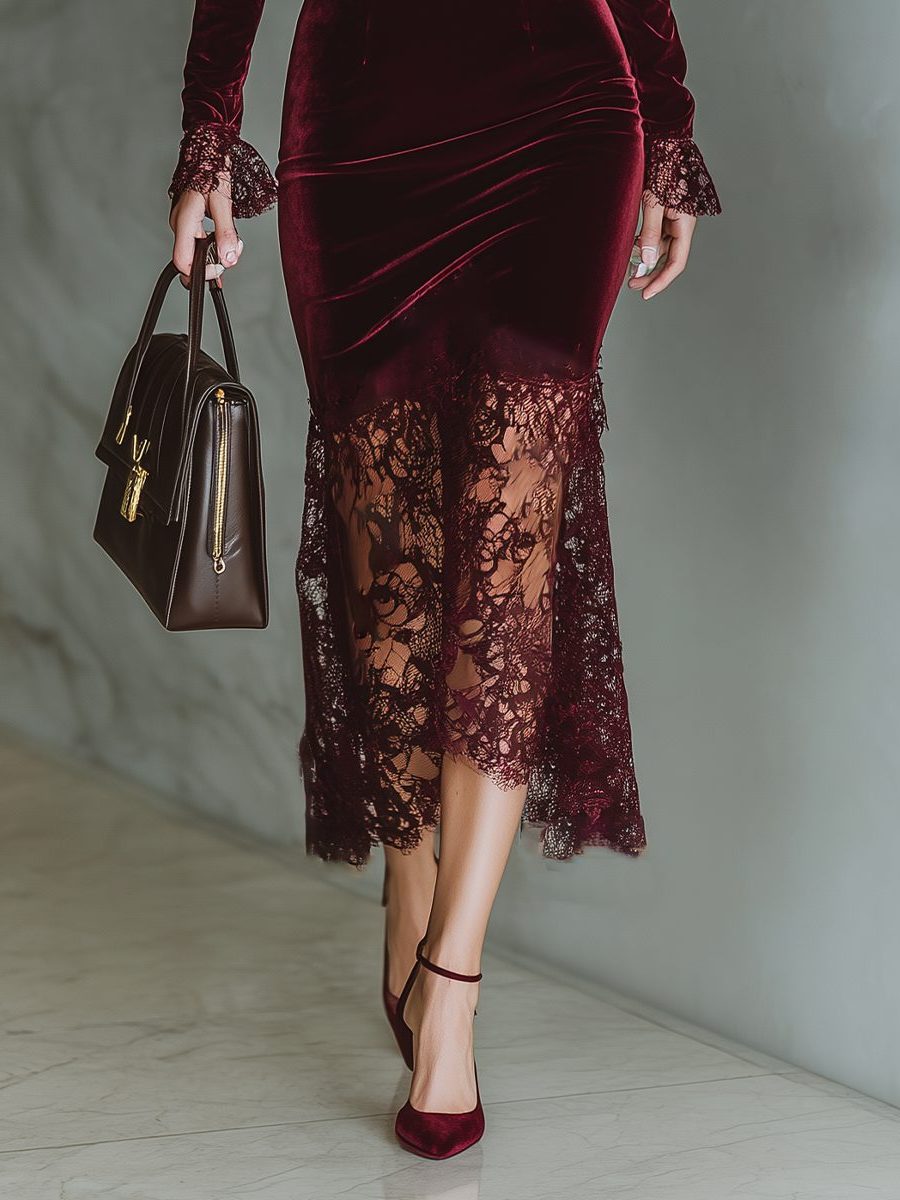 Velvet Lace Trim Midi Dress with Long Sleeves for Women - View 8