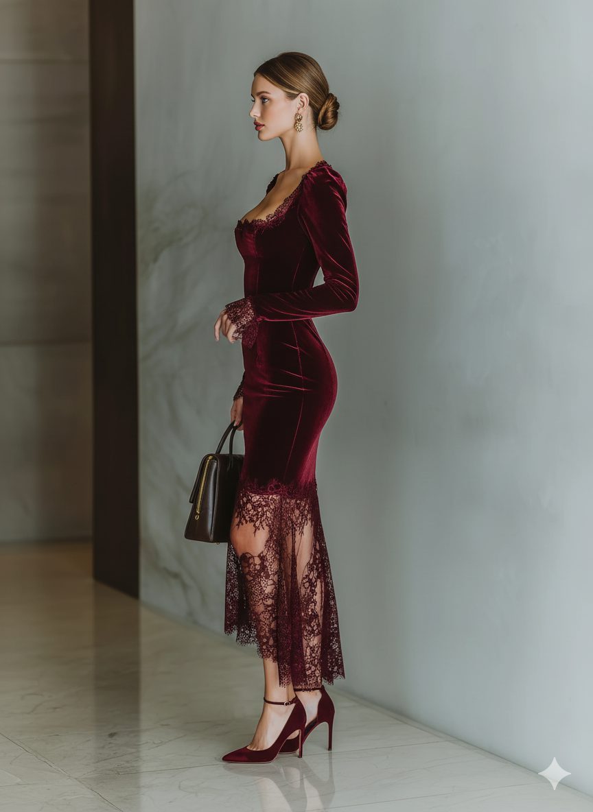 Velvet Lace Trim Midi Dress with Long Sleeves for Women - View 9