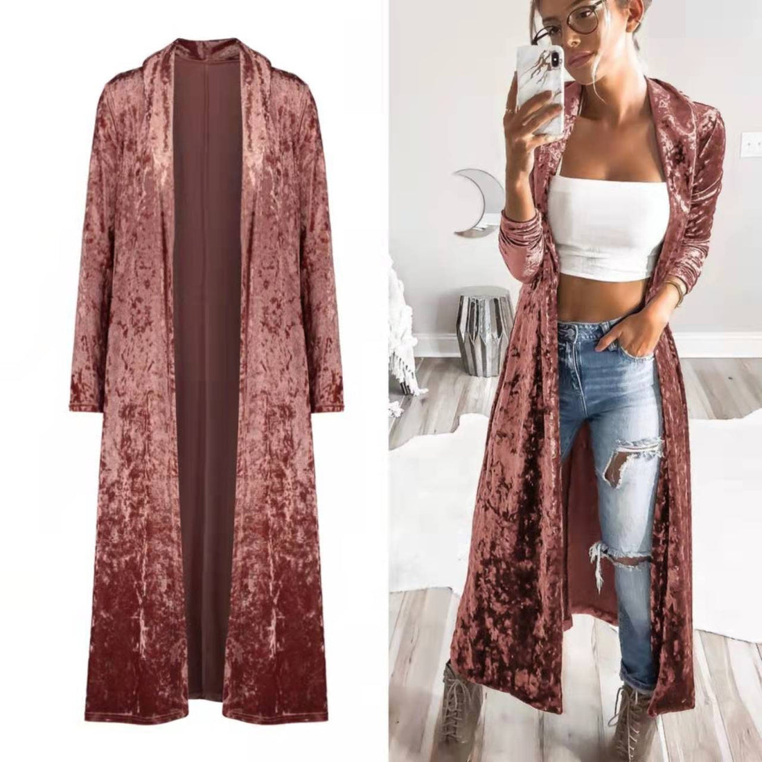 Velvet Long Duster Cardigan for Women