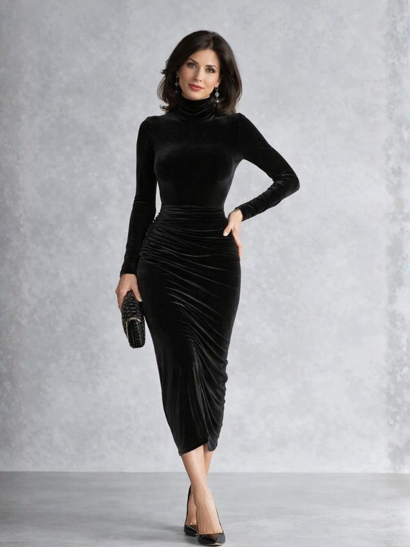 Velvet Ruched Midi Dress with Roll Neck and Long Sleeves for Women