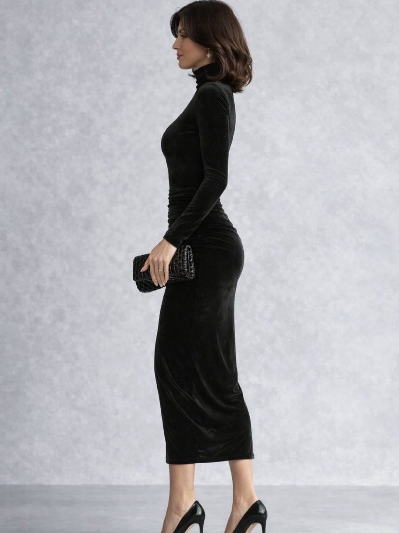 Velvet Ruched Midi Dress with Roll Neck and Long Sleeves for Women - View 2