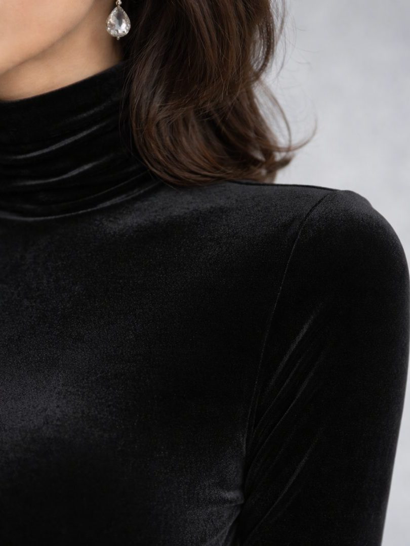 Velvet Ruched Midi Dress with Roll Neck and Long Sleeves for Women - View 3